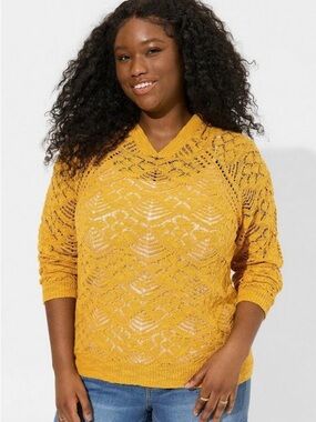 Torrid Boho Crochet Mustard Yellow Pointelle Hoodie Size 4X